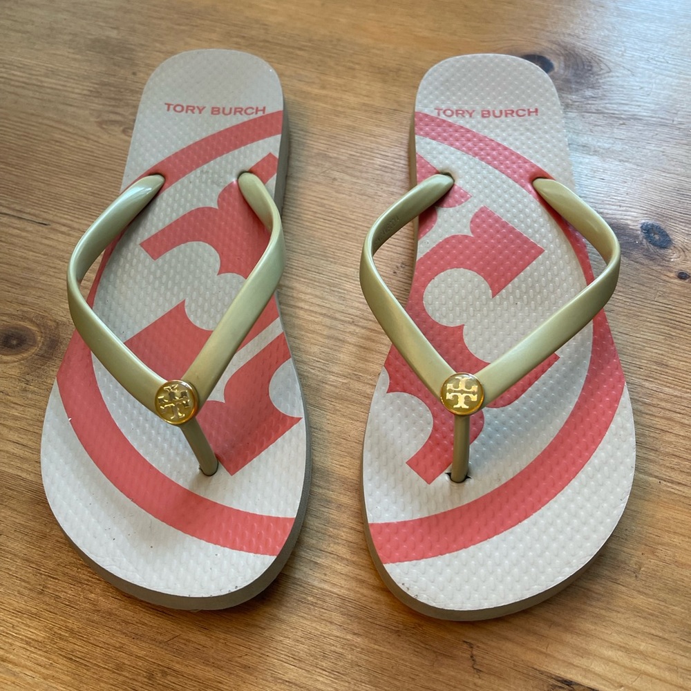 Tory Burch Womens Classic Flip Flop Thong Sandals Size 8 Orange Logo Rub…